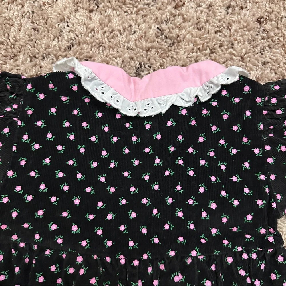Vintage Tiny Tots Black & Pink Floral Corduroy Jumpsuit Baby Girl Size 18 Months